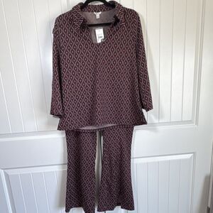 Cato Women's Geometric Burgundy Set L  Button Collared Long Sleeve